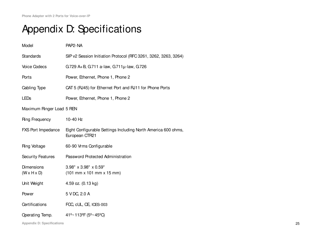 Linksys PAP2-NA manual Appendix D Specifications 