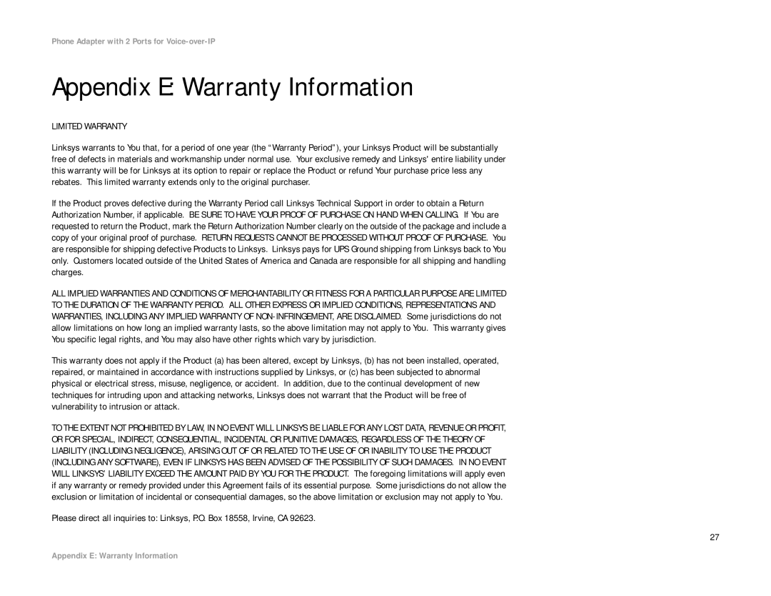 Linksys PAP2-NA manual Appendix E Warranty Information, Limited Warranty 