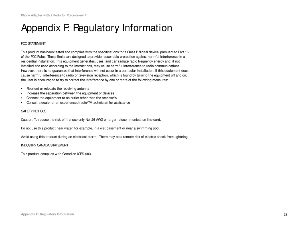 Linksys PAP2-NA manual Appendix F Regulatory Information, This product complies with Canadian ICES-003 