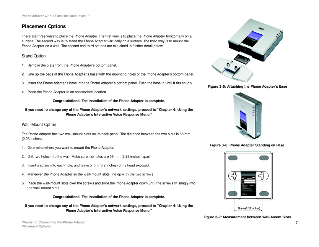 Linksys PAP2-NA Placement Options, Stand Option, Wall-Mount Option, Remove the plate from the Phone Adapter’s bottom panel 