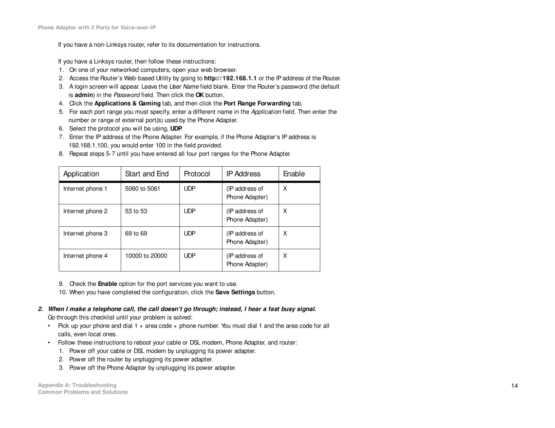 Linksys PAP2-NA manual Application Start and End Protocol IP Address Enable, Internet phone 5060 to 