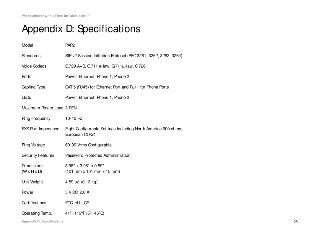 Linksys PAP2-NA manual Appendix D Specifications 