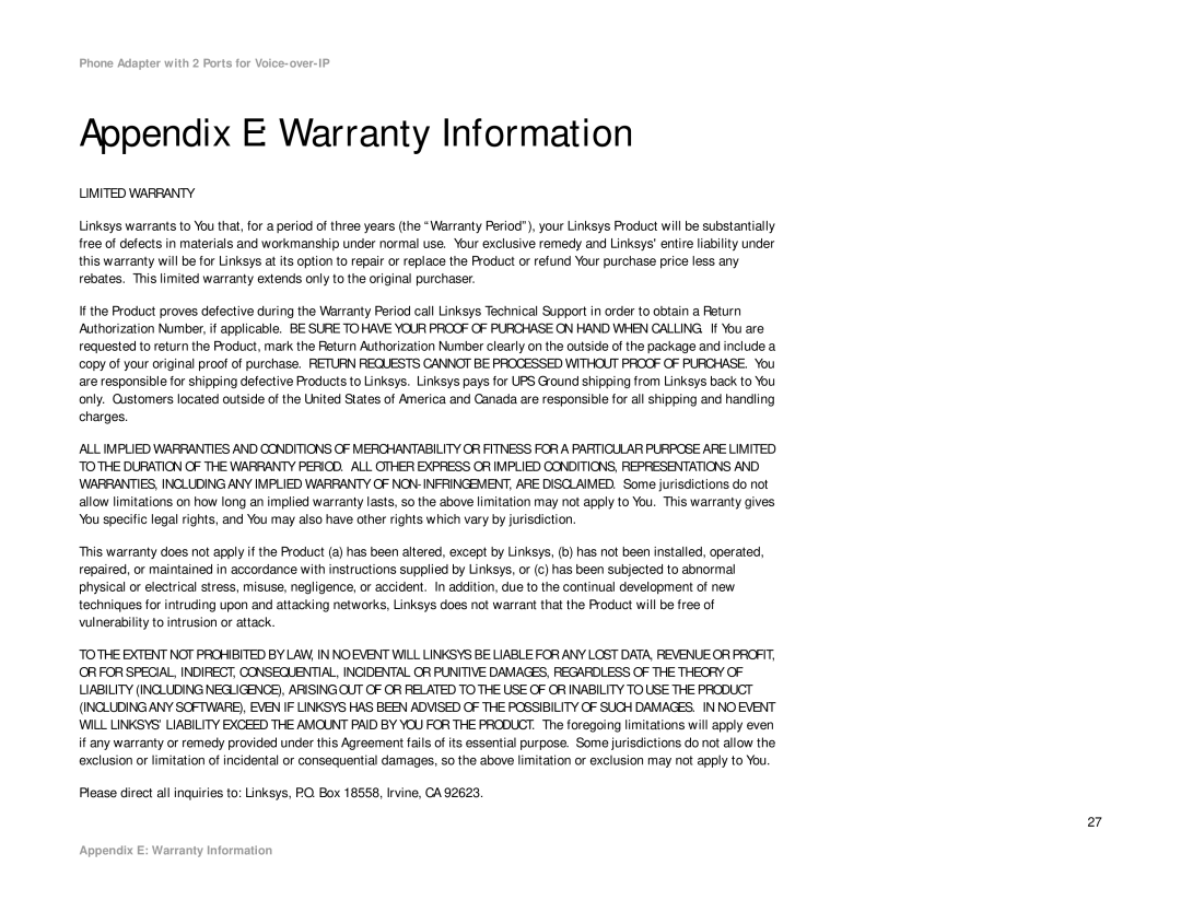 Linksys PAP2-NA manual Appendix E Warranty Information, Limited Warranty 