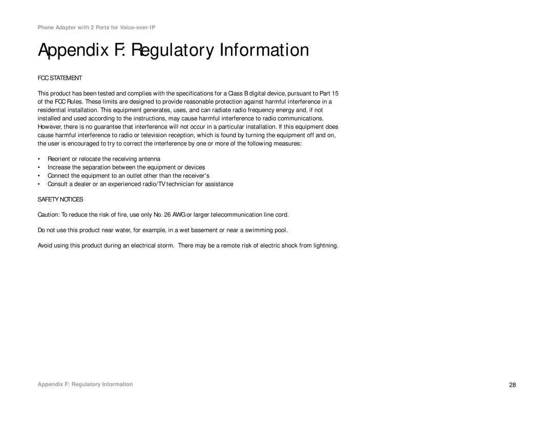 Linksys PAP2-NA manual Appendix F Regulatory Information, FCC Statement 