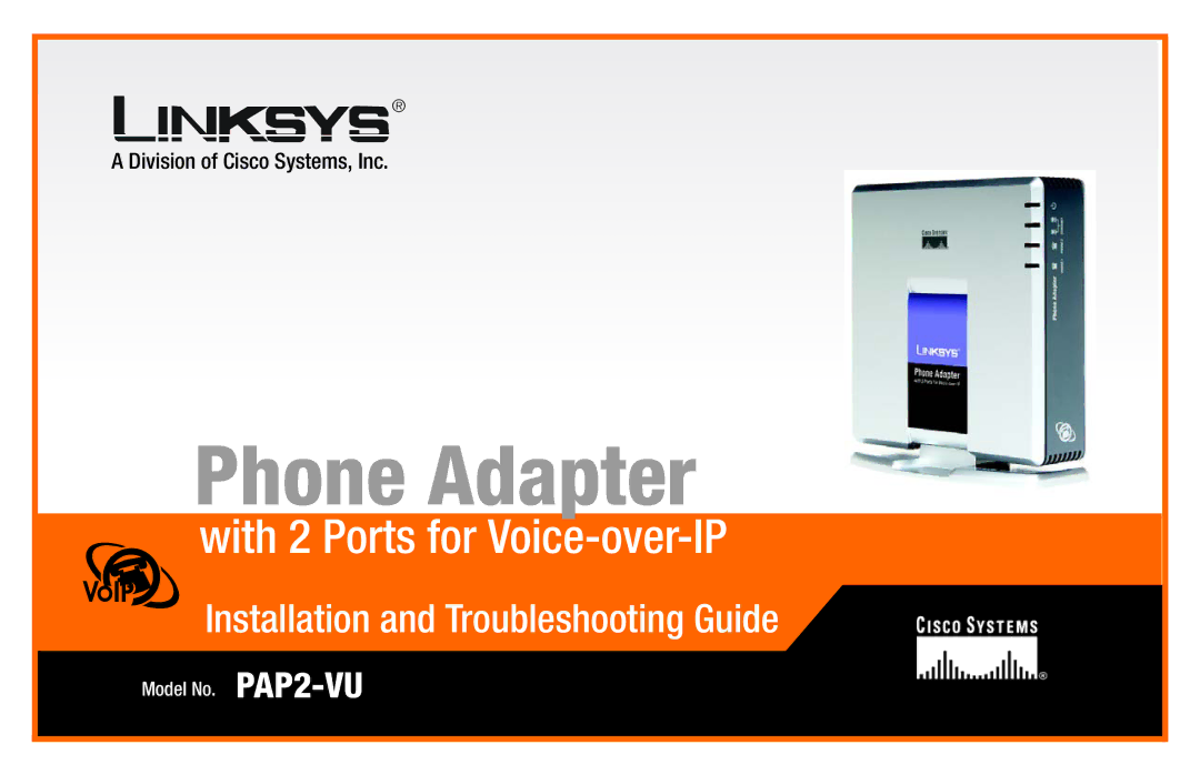 Linksys PAP2-VU manual Phone Adapter, Division of Cisco Systems, Inc 