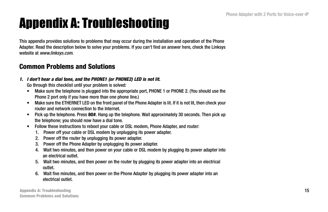 Linksys PAP2-VU manual Appendix a Troubleshooting, Common Problems and Solutions 