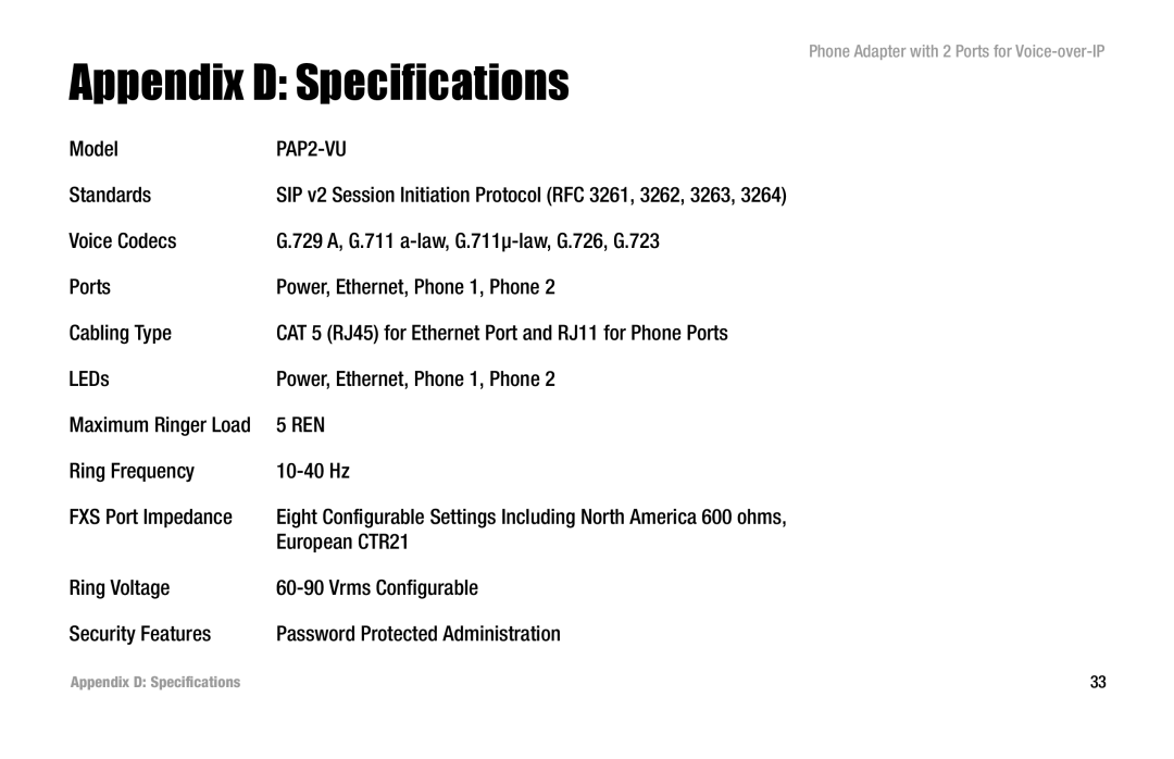 Linksys PAP2-VU manual Appendix D Specifications 