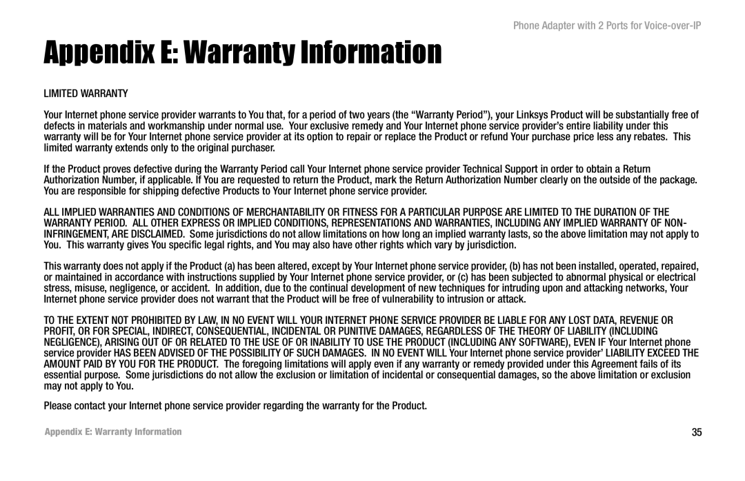 Linksys PAP2-VU manual Appendix E Warranty Information, Limited Warranty 