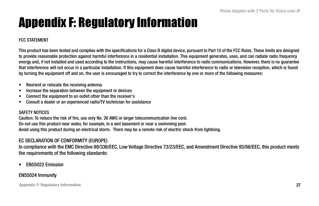 Linksys PAP2-VU manual Appendix F Regulatory Information, FCC Statement 