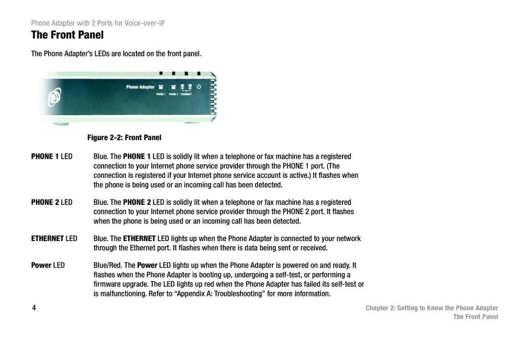 Linksys PAP2-VU manual Front Panel, Phone Adapter’s LEDs are located on the front panel 