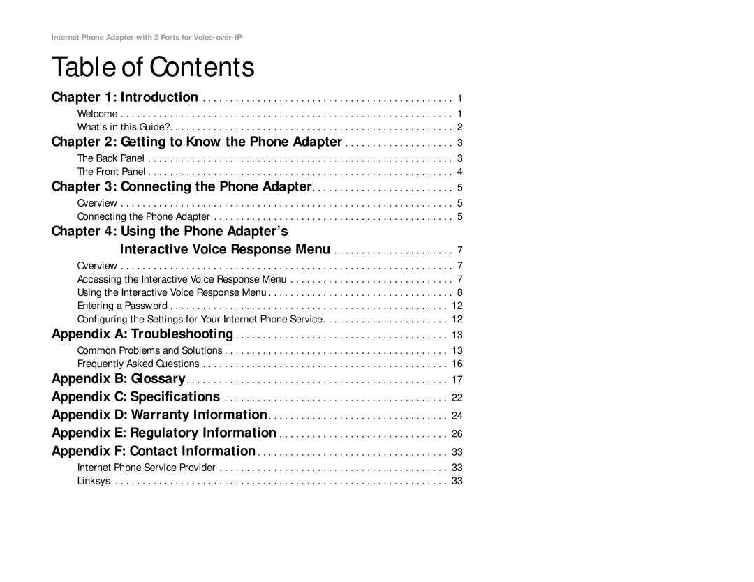 Linksys PAP2T manual Table of Contents 