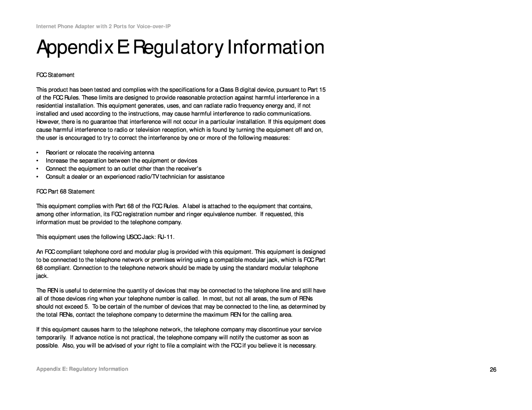 Linksys PAP2T manual Appendix E Regulatory Information 