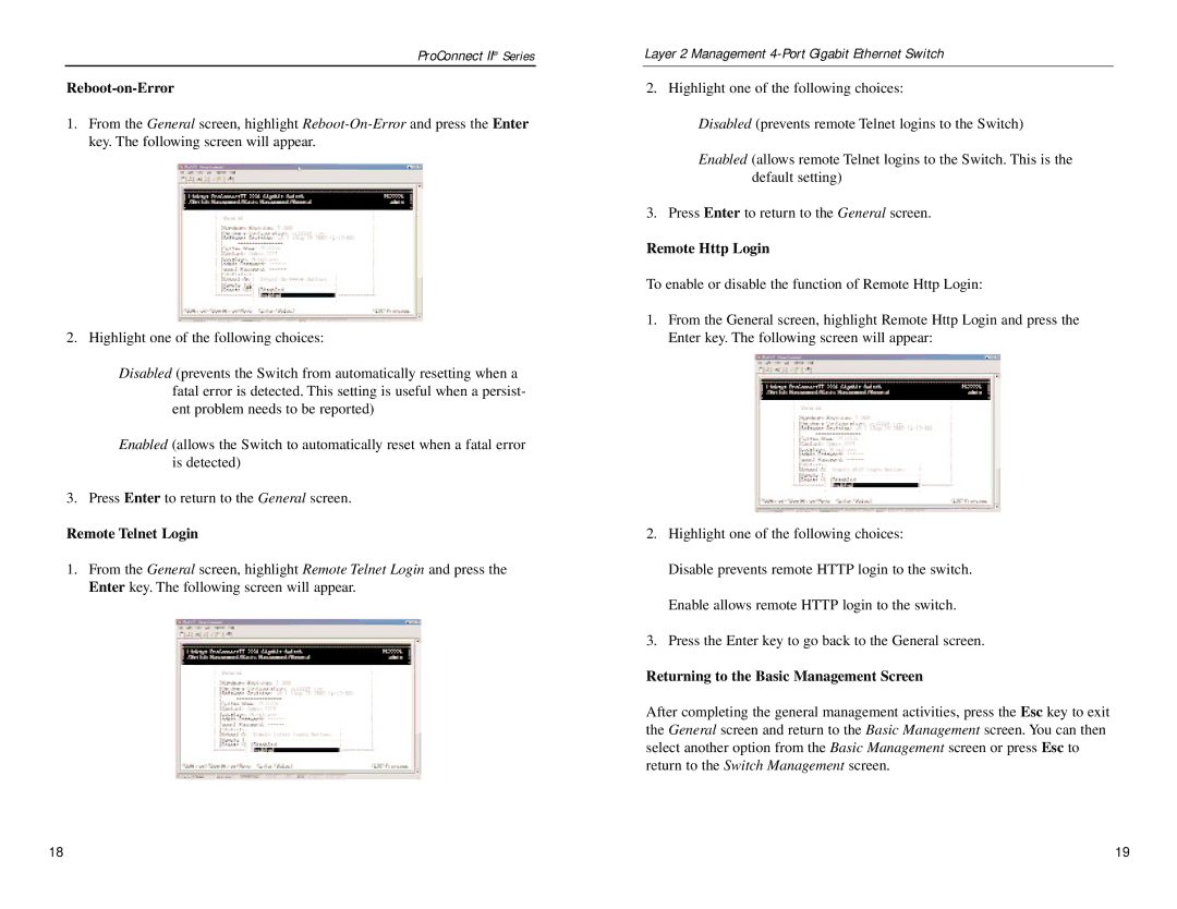 Linksys PC22604 manual Reboot-on-Error, Remote Telnet Login, Remote Http Login, Returning to the Basic Management Screen 