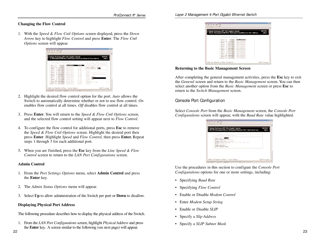 Linksys PC22604 Console Port Configuration, Changing the Flow Control, Admin Control, Displaying Physical Port Address 