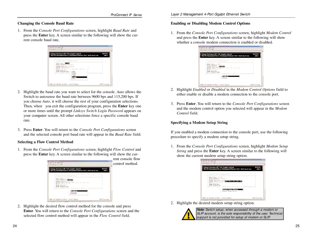 Linksys PC22604 manual Changing the Console Baud Rate, Selecting a Flow Control Method, Specifying a Modem Setup String 