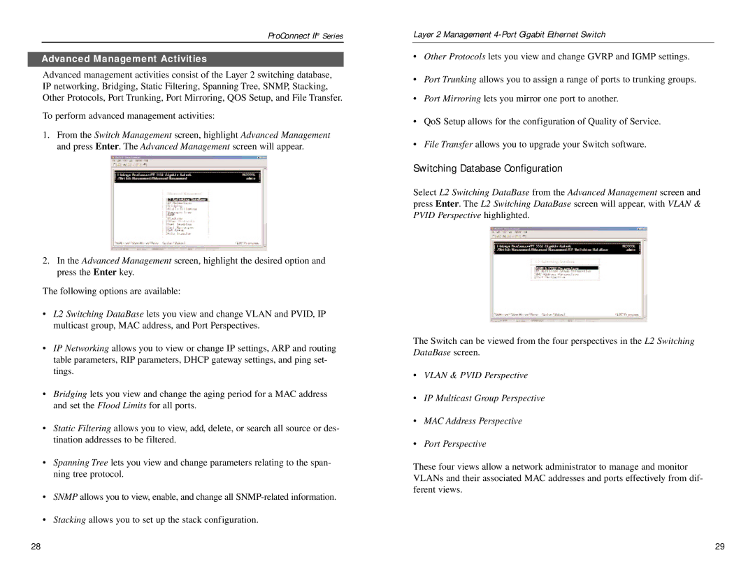 Linksys PC22604 manual Switching Database Configuration, Advanced Management Activities 