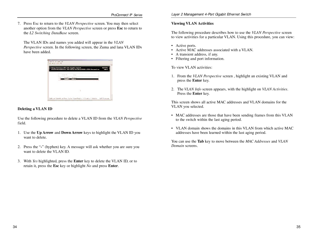 Linksys PC22604 manual Deleting a Vlan ID, Viewing Vlan Activities 