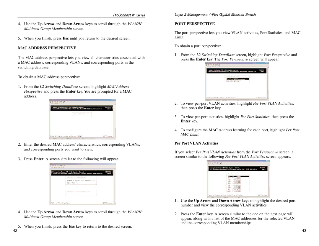 Linksys PC22604 manual MAC Address Perspective, Port Perspective, Per Port Vlan Activities 