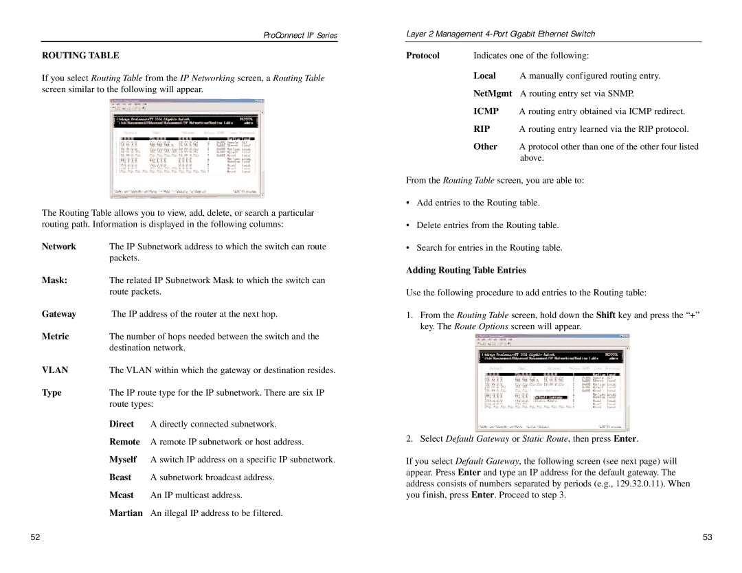 Linksys PC22604 manual Routing Table, Vlan, Icmp, Rip 