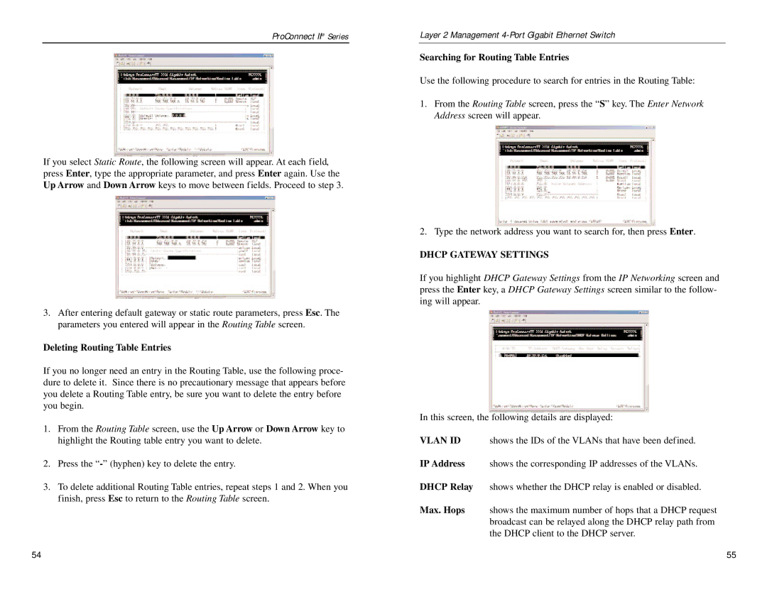 Linksys PC22604 manual Deleting Routing Table Entries, Searching for Routing Table Entries, Dhcp Gateway Settings 