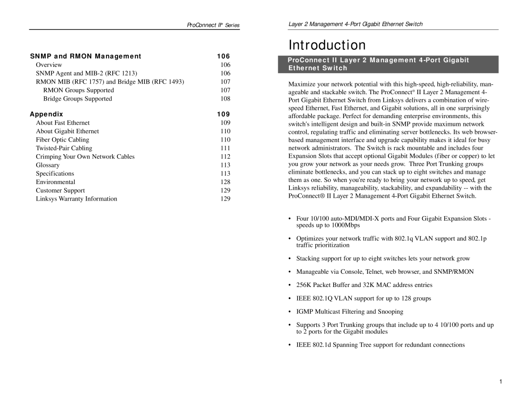 Linksys PC22604 manual Introduction, Snmp and Rmon Management 106 