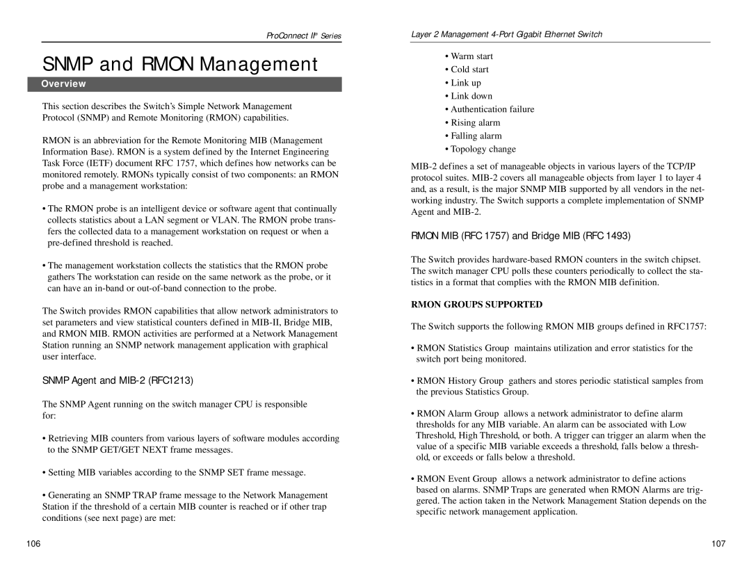 Linksys PC22604 manual Snmp and Rmon Management, Snmp Agent and MIB-2 RFC1213, Rmon MIB RFC 1757 and Bridge MIB RFC 