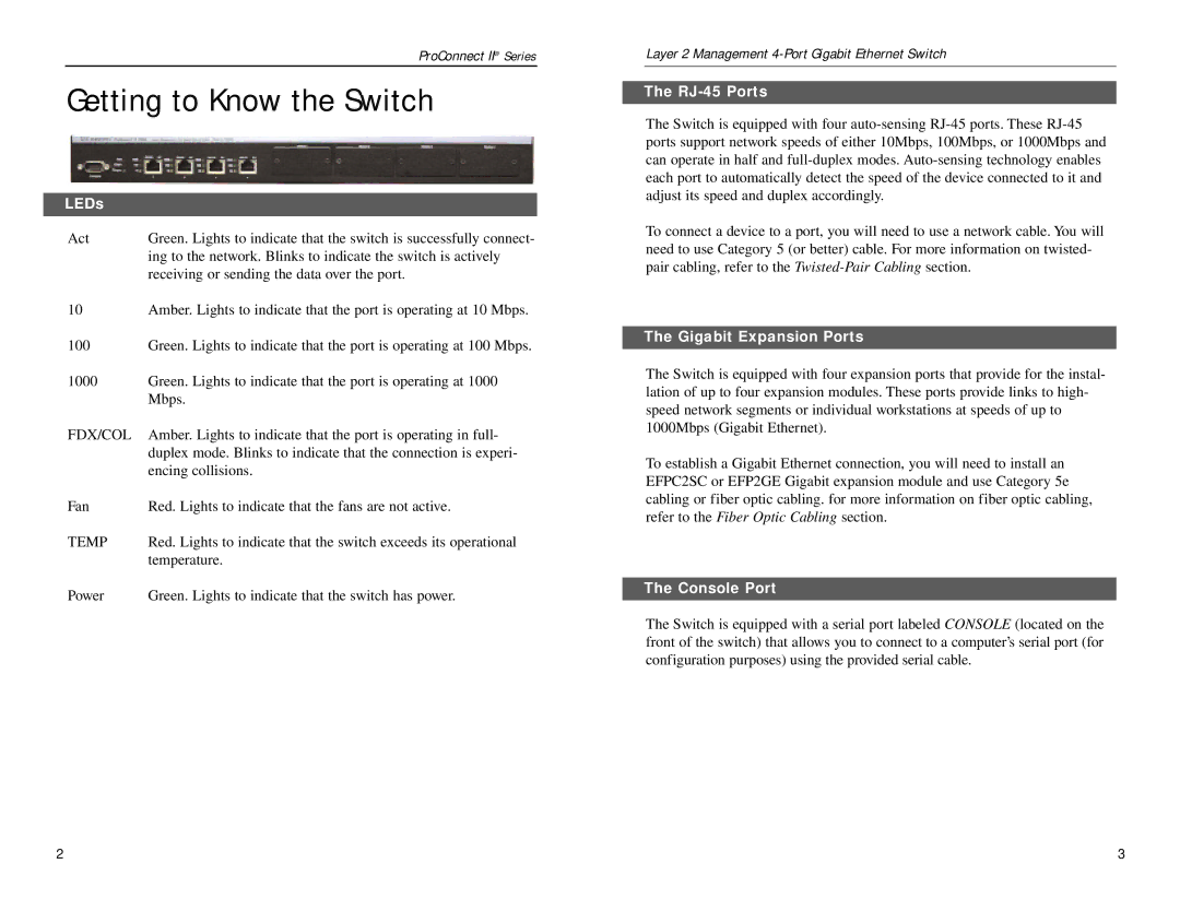 Linksys PC22604 manual Getting to Know the Switch, LEDs, RJ-45 Ports, Gigabit Expansion Ports, Console Port 