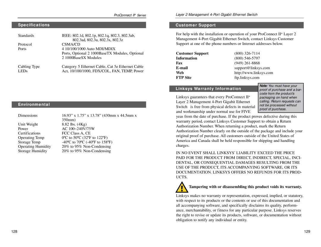 Linksys PC22604 manual Specifications, Environmental, Customerer Support, Linksys Warranty Information 