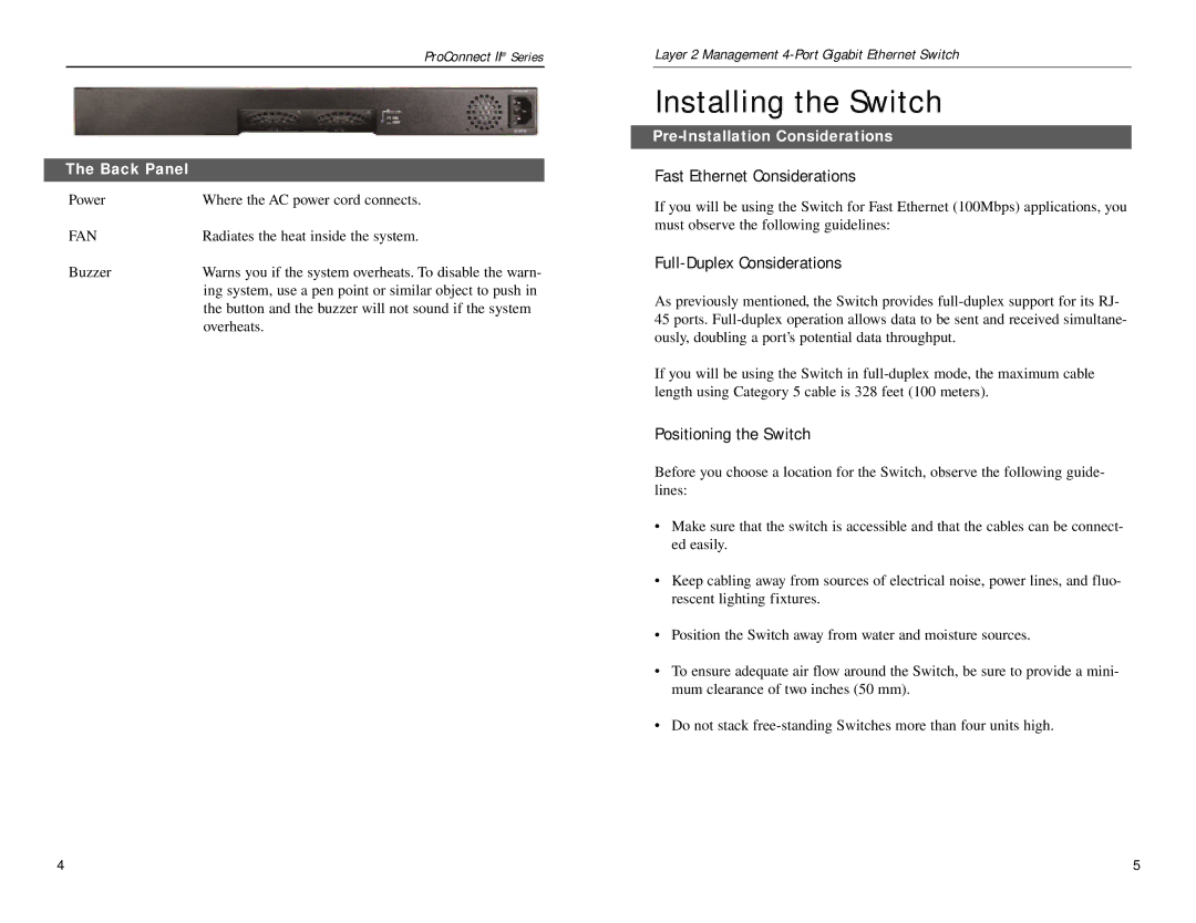 Linksys PC22604 Installing the Switch, Fast Ethernet Considerations, Full-Duplex Considerations, Positioning the Switch 