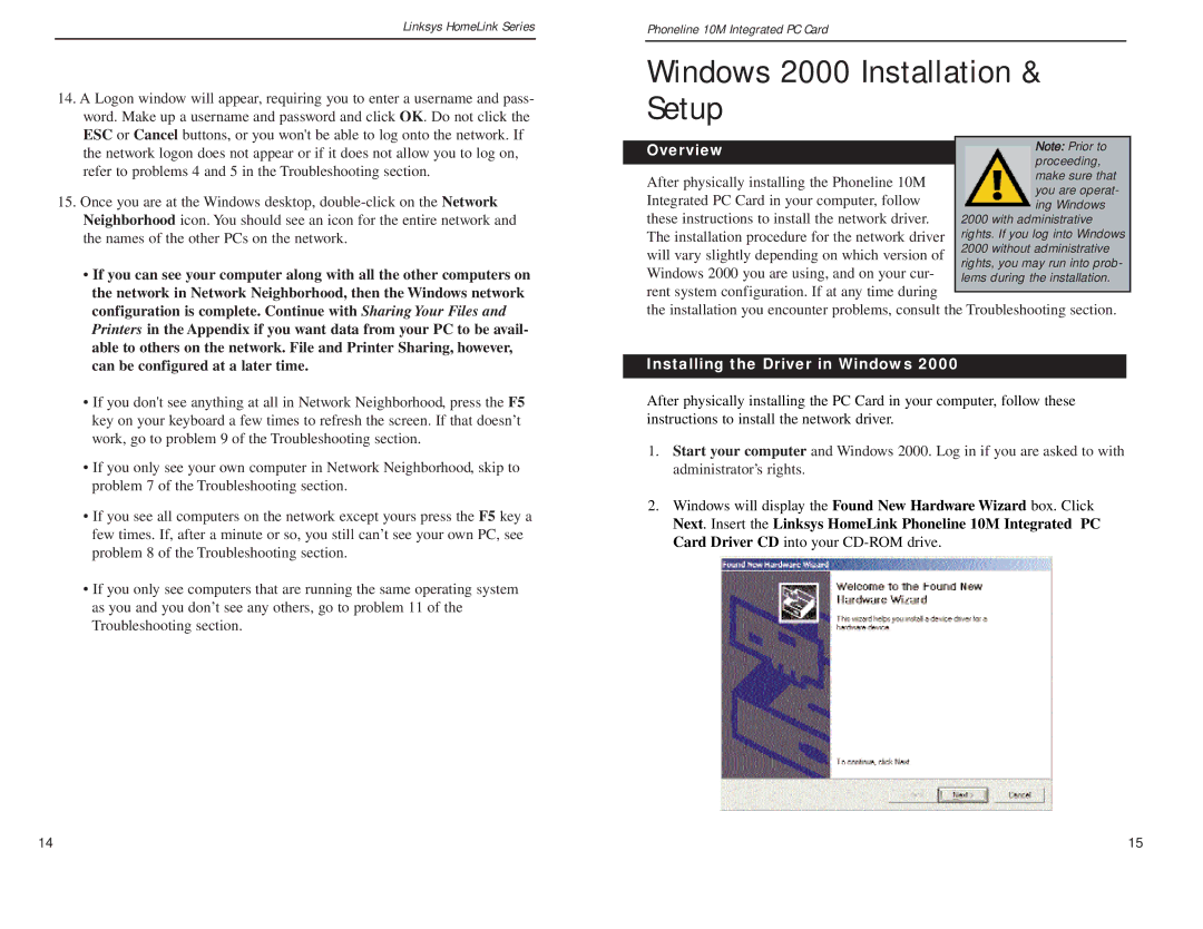 Linksys PCM200HA manual Windows 2000 Installation & Setup, Installing the Driver in Windows 