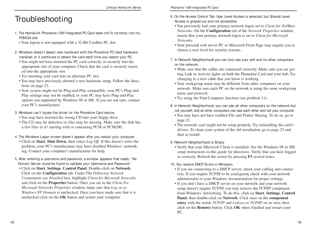 Linksys PCM200HA manual Troubleshooting, Network Neighborhood is Empty, You receive Dhcp Errors in Windows 