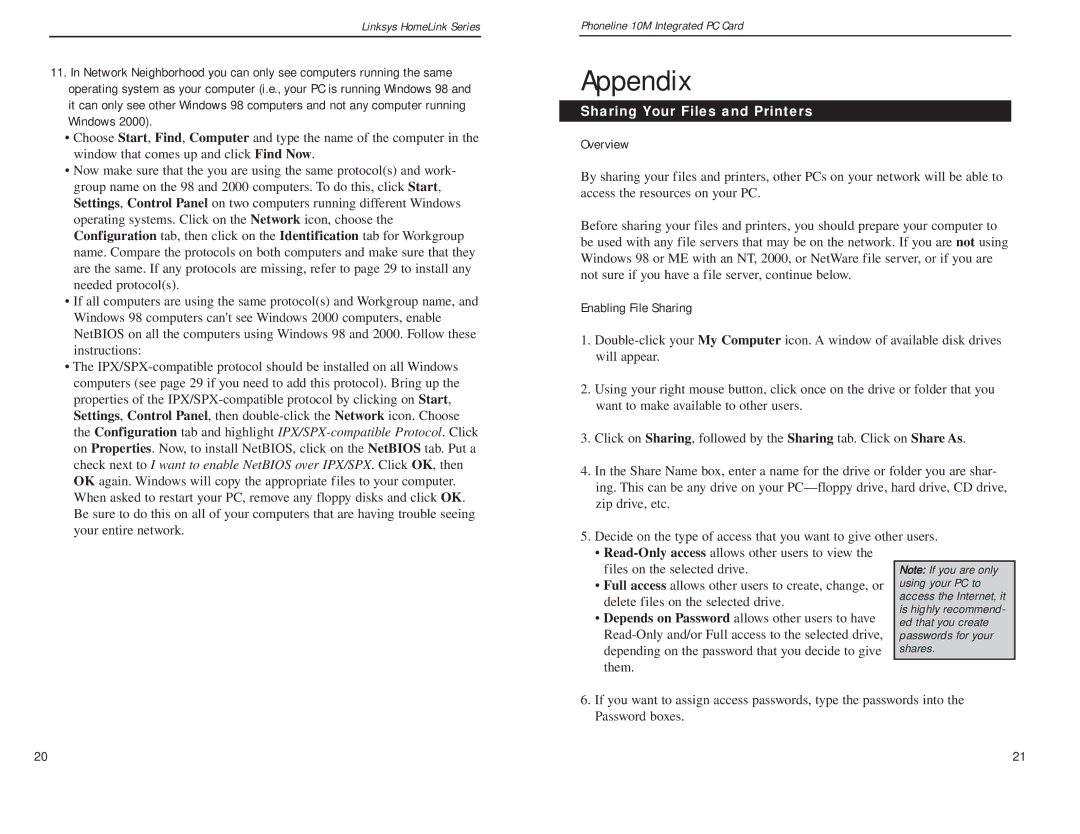 Linksys PCM200HA manual Appendix, Sharing Your Files and Printers, Overview, Enabling File Sharing 