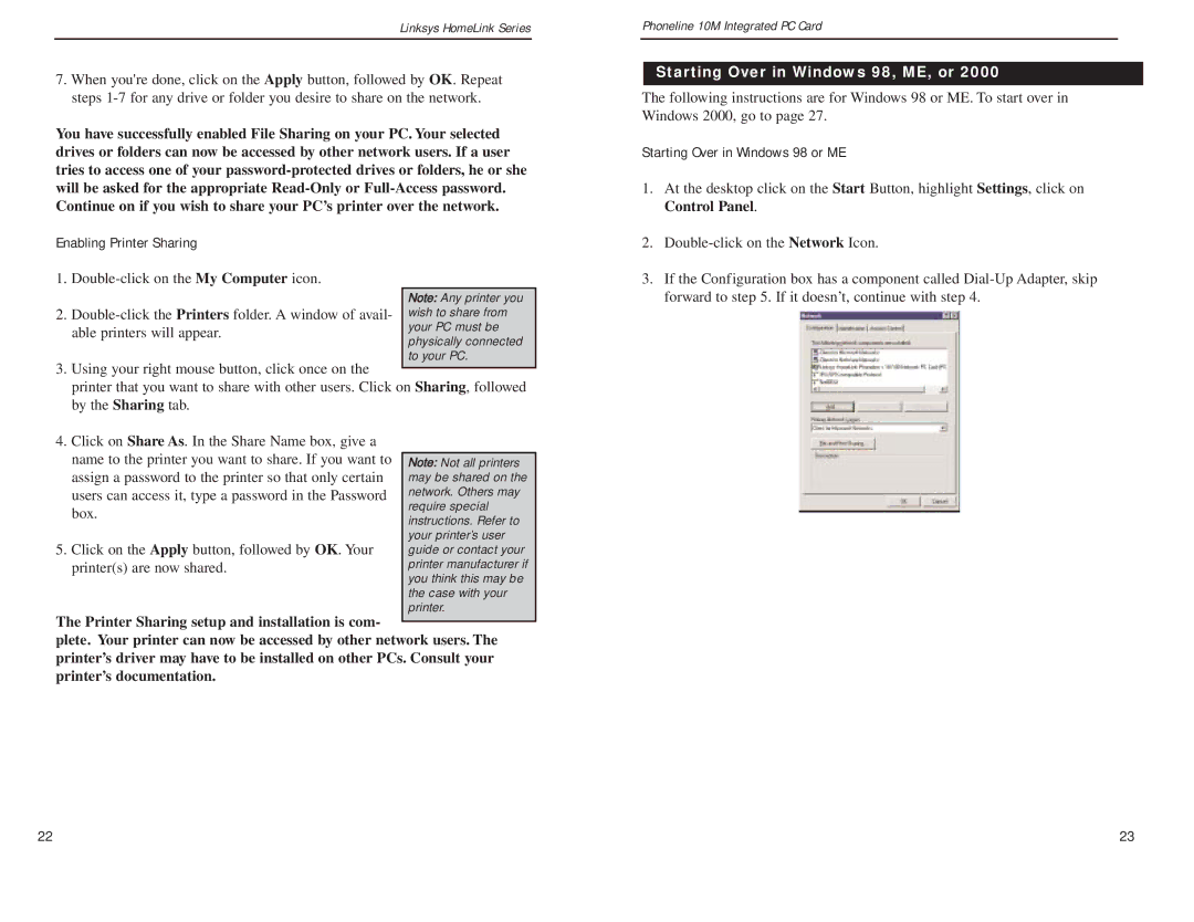 Linksys PCM200HA manual Enabling Printer Sharing, Starting Over in Windows 98 or ME 