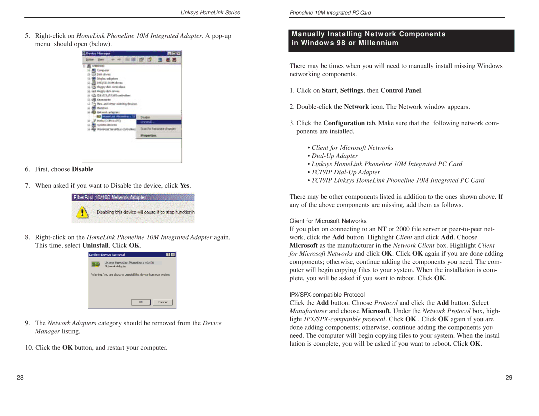 Linksys PCM200HA manual Manually Installing the Network Components in Windows, Client for Microsoft Networks 