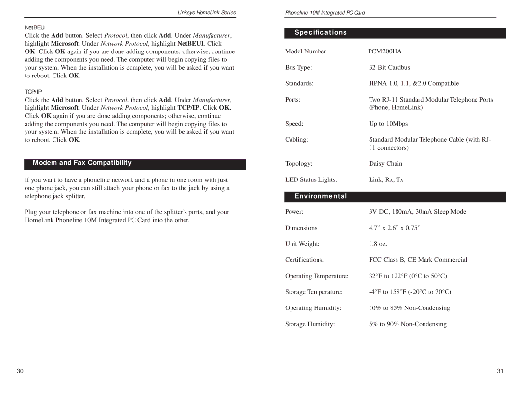 Linksys PCM200HA manual NetBEUI, Specifications, Environmental, Customer Support 