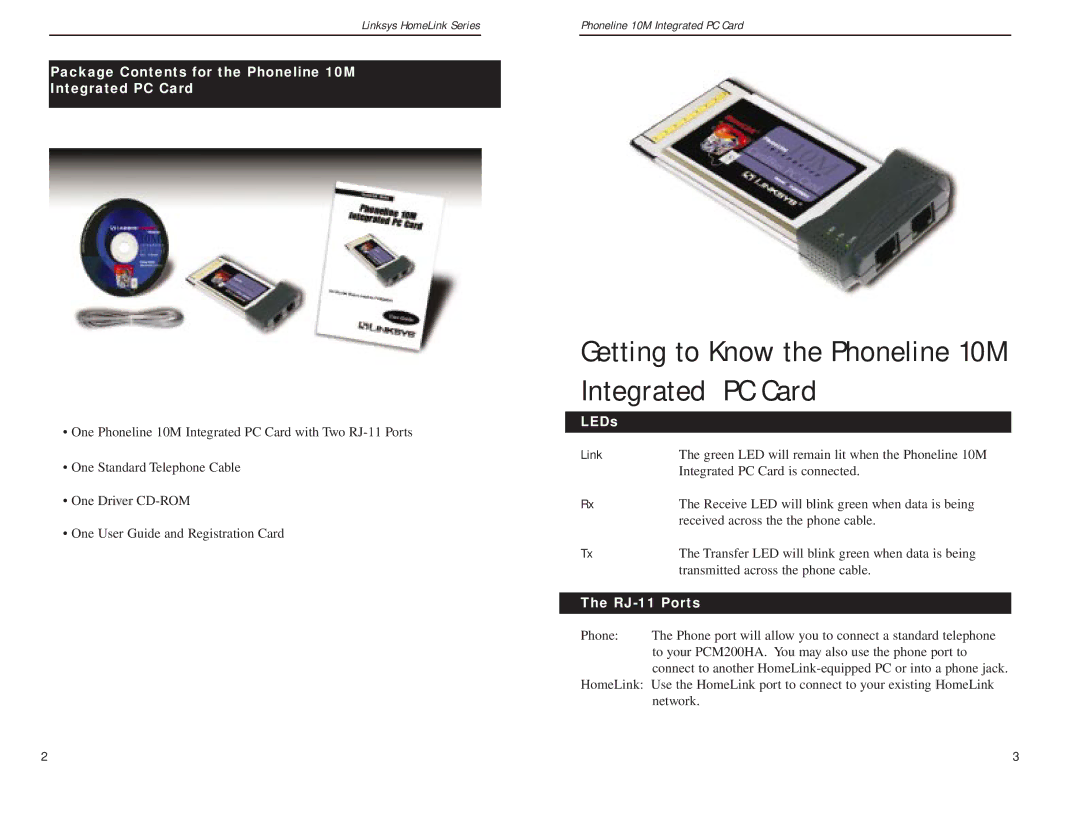 Linksys PCM200HA manual Getting to Know the Phoneline 10M Integrated PC Card, LEDs, Link, RJ-11 Ports 