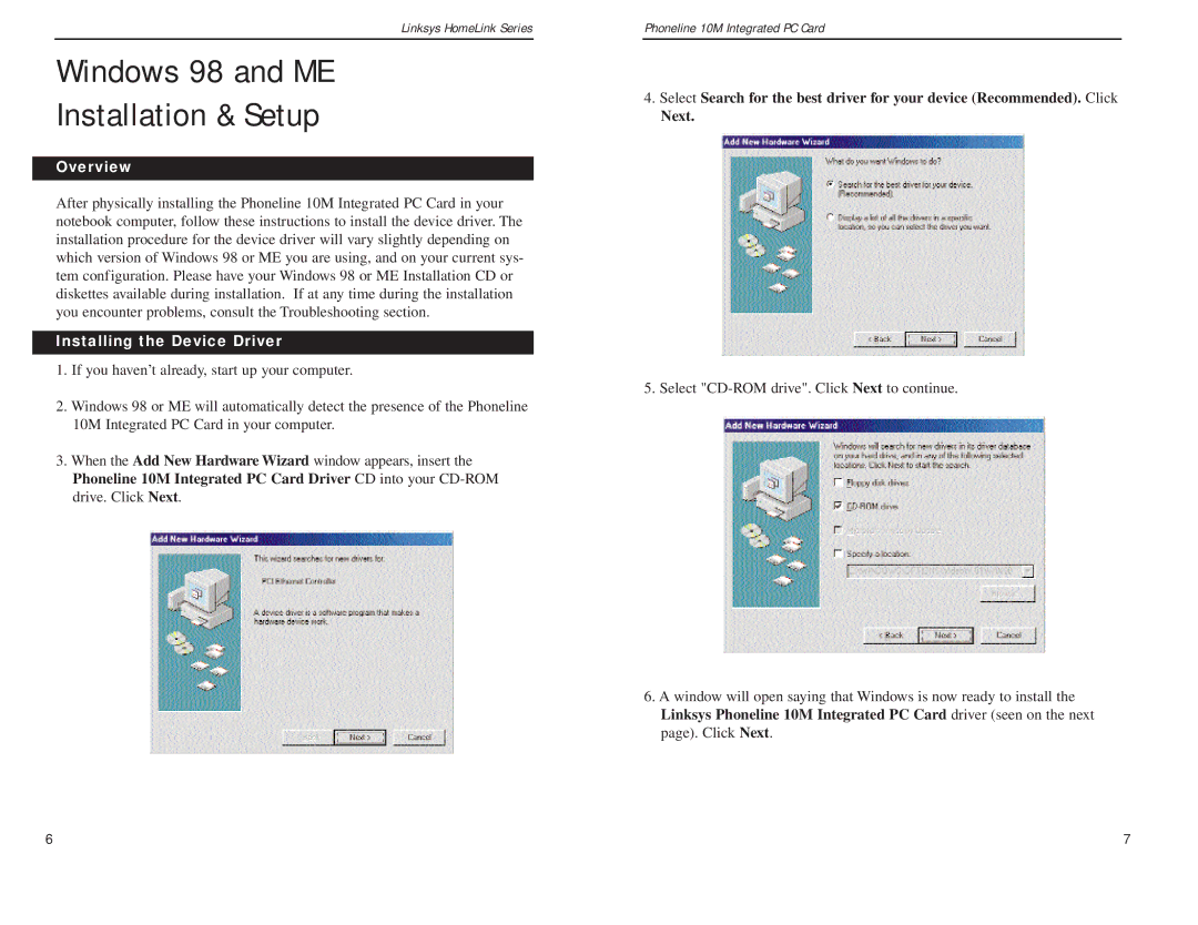 Linksys PCM200HA manual Windows 98 and ME Installation & Setup, Overview, Installing the Device Driver 