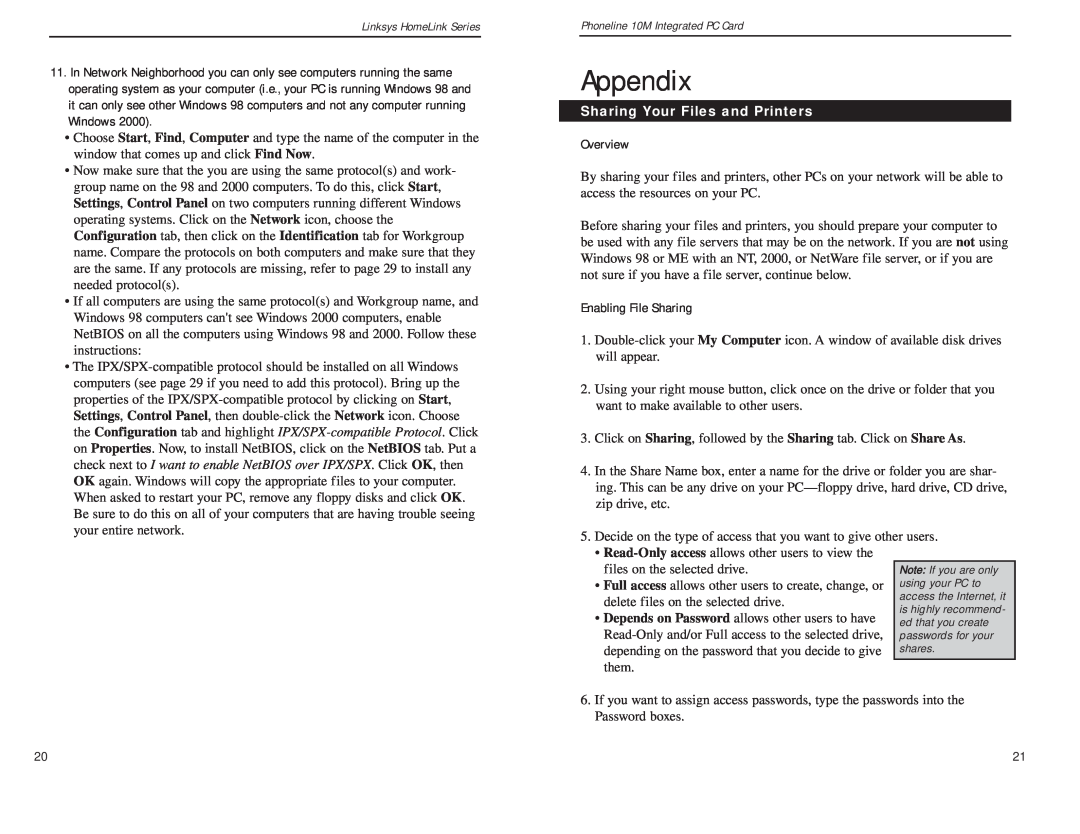 Linksys PCM200HA manual Appendix, Sharing Your Files and Printers 