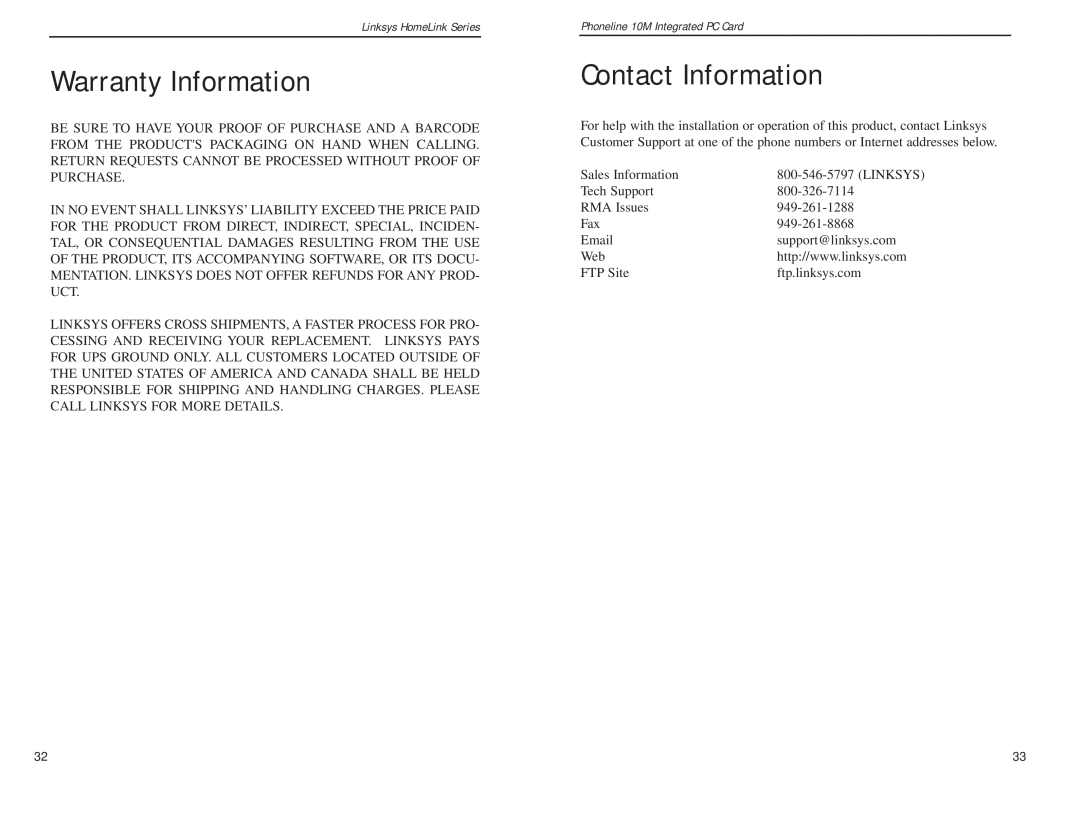 Linksys PCM200HA manual Warranty Information, Contact Information 