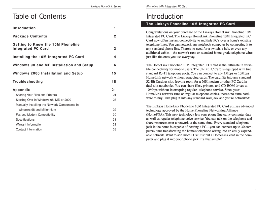 Linksys PCM200HA manual Table of Contents, Introduction, The Linksys Phoneline 10M Integrated PC Card 