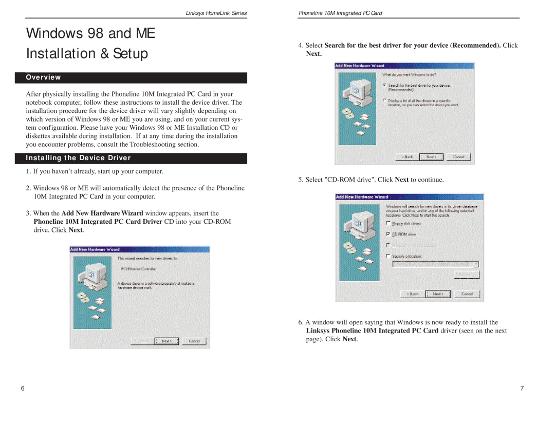 Linksys PCM200HA manual Windows 98 and ME Installation & Setup, Overview, Installing the Device Driver 