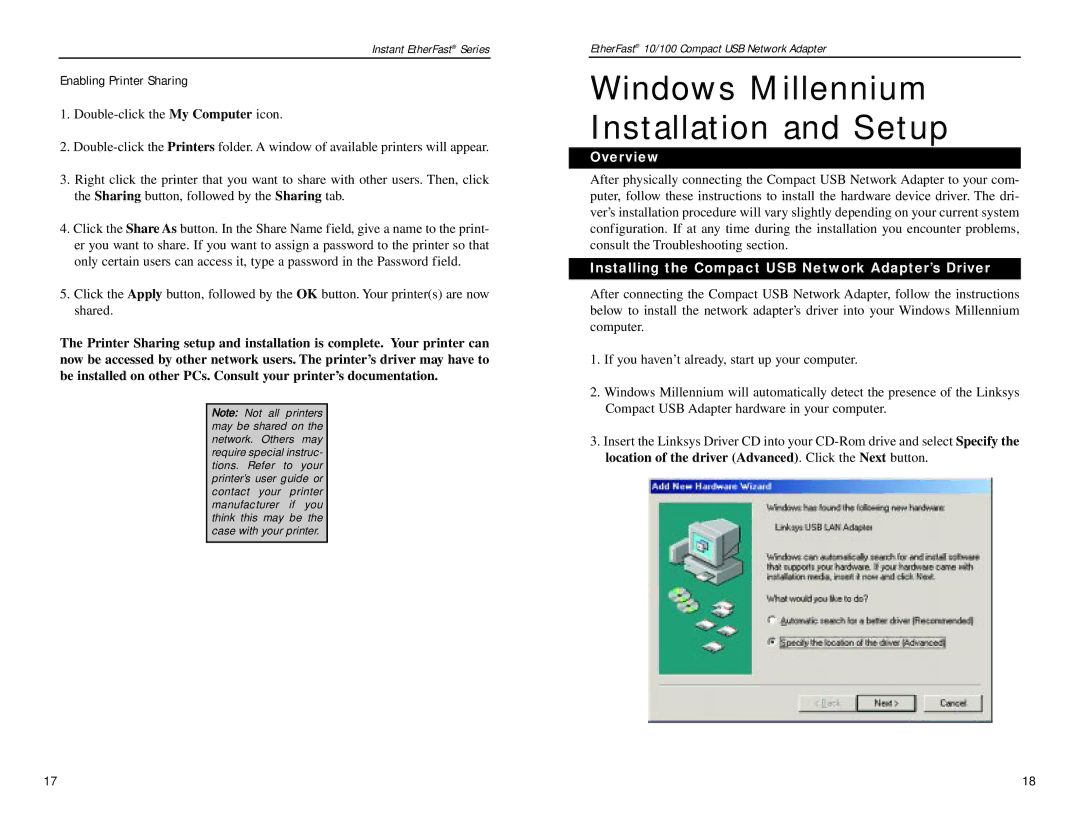 Linksys PCMLM56 manual Windows Millennium Installation and Setup 