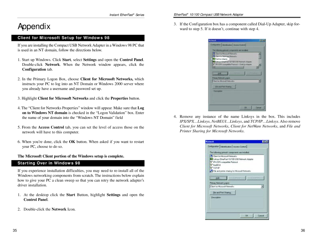 Linksys PCMLM56 manual Appendix, Client for Microsoft Setup for Windows, Starting Over in Windows 