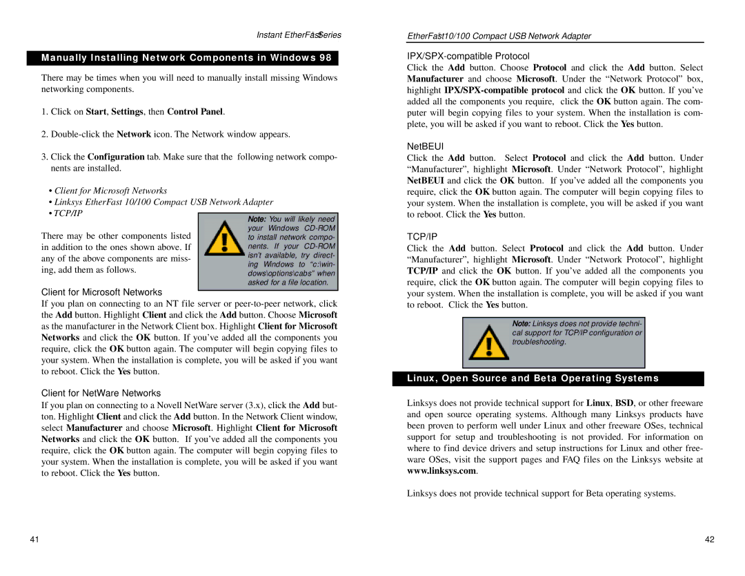 Linksys PCMLM56 manual Manually Installing Network Components in Windows, Linux, Open Source and Beta Operating Systems 