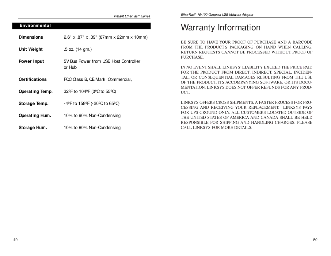 Linksys PCMLM56 manual Warranty Information, Environmental 