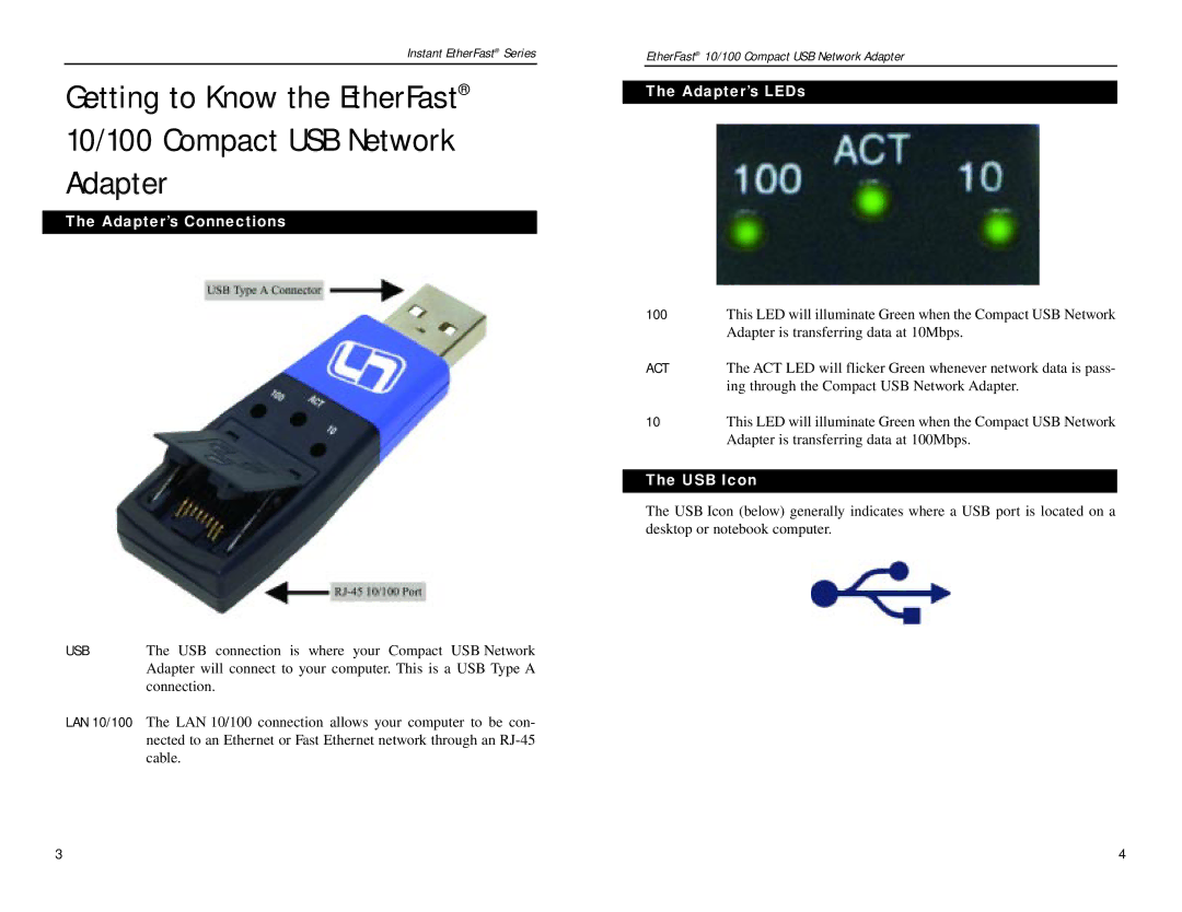 Linksys PCMLM56 manual Adapter’s Connections, Adapter’s LEDs, USB Icon 