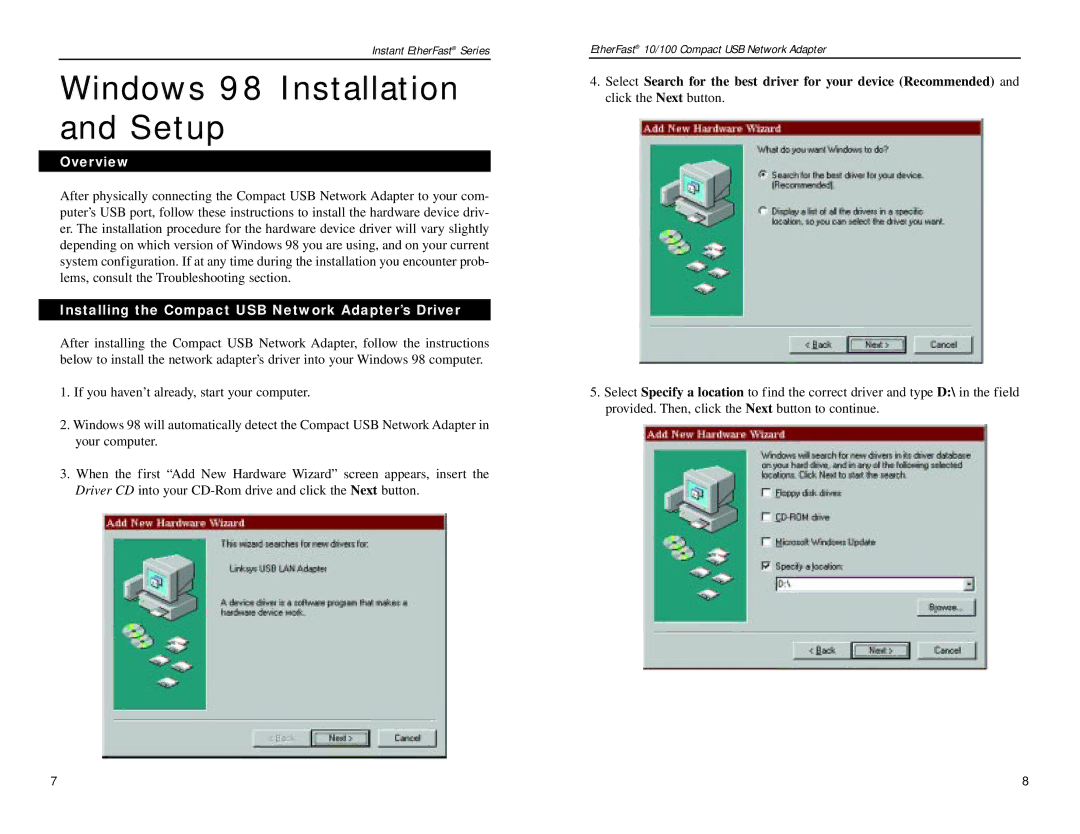 Linksys PCMLM56 manual Windows 98 Installation and Setup, Installing the Compact USB Network Adapter’s Driver 