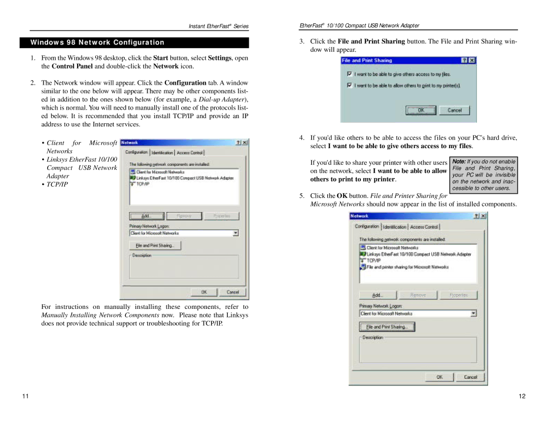 Linksys PCMLM56 manual Windows 98 Network Configuration, Tcp/Ip 