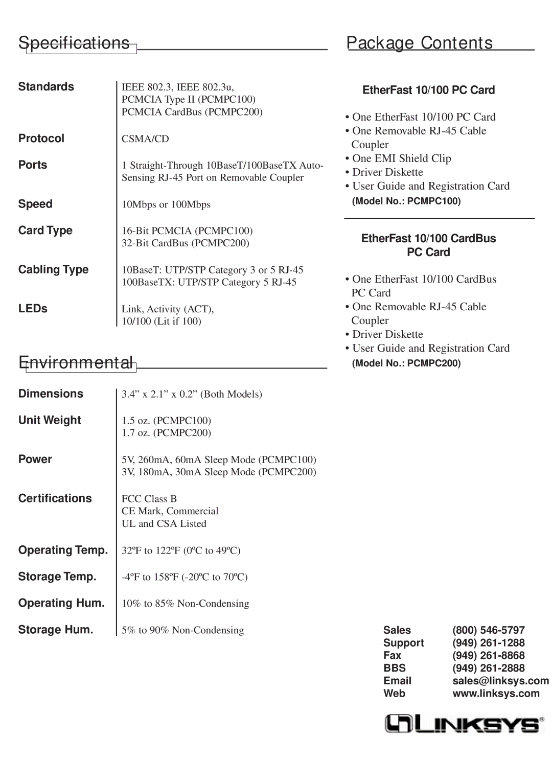 Linksys PCMPC200, PCMPC100 warranty Specifications Package Contents, Environmental 