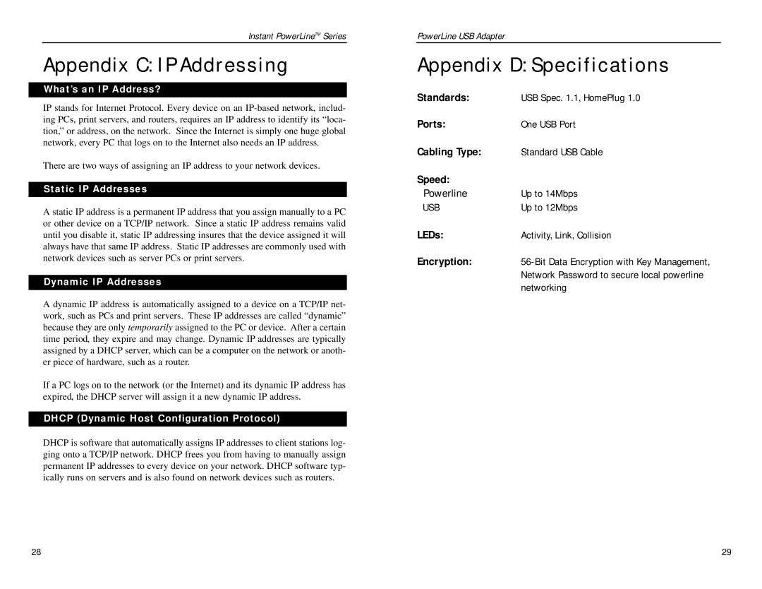 Linksys PLUSB10 manual Appendix C I P Addressing, Appendix D Specifications 